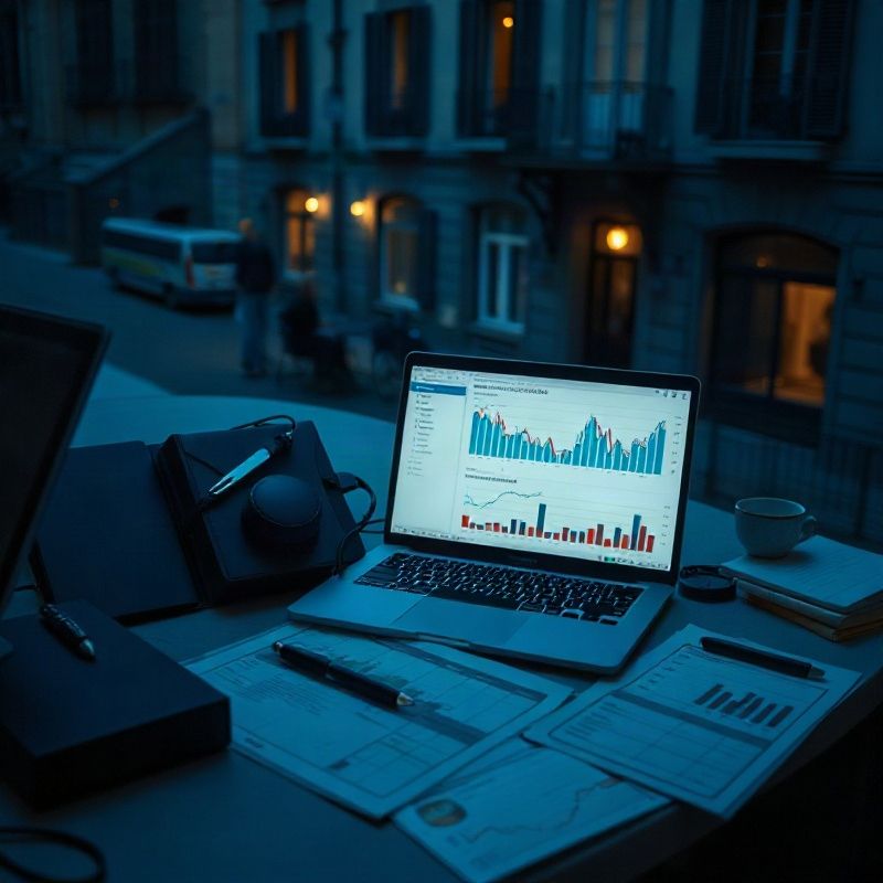 Escritorio editorial con gráficos económicos impresos y un portátil mostrando datos